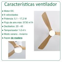 VZLED - Ventilador de techo 132 cm 52" con luz led regulable y control remoto - Motor DC silencioso, 6 velocidades, giro reversible, aspas de madera natural - details 0