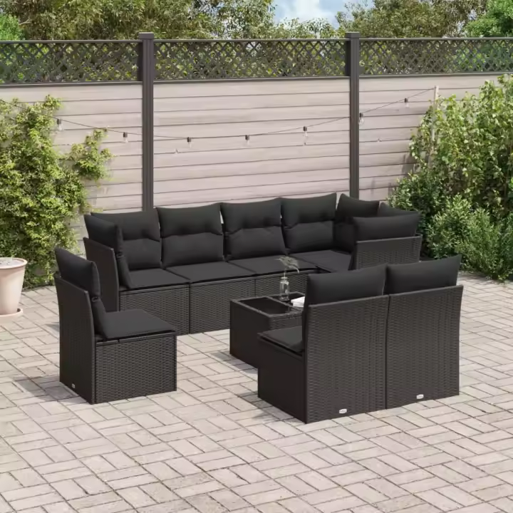 vidaXL Set de sofás de jardín 8 piezas y cojines ratán sintético negro - 1