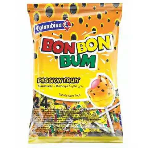 CARAMELOS CON PALO BON BON BUM MARACUYA FIESTA COLOMBINA BOLSA 24 UNDS - 1