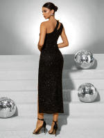 Vestido De Fiesta UNITHORSE Negro Con Abertura Alta Y Decoración De Flor En El Hombro Para Mujer Vestido De Una Sola Manga De Gran Estilo Para Ocasiones Especiales - details 2
