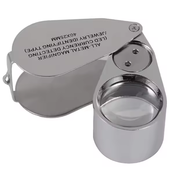 Lupa plegable de metal con aumento de 40x y luz LED y ultravioleta. - 1