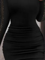 Vestido Casual De Mujer Tallas S-2XL Color Sólido Con Encaje Spliced Slim Fit Con Cuello En Un Solo Hilo Manga Larga Vestido De Cubierta - details 1