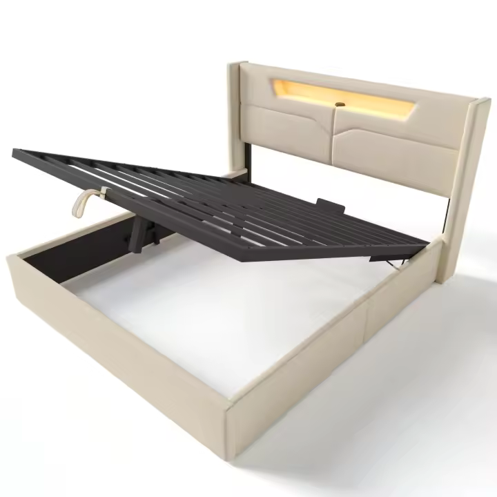 Cama tapizada Cama de Marriage LED con función de carga USB Typo-C e iluminación LED Cama de almacenamiento Somier de Lino Cama Juvenil 160x200 with somier (with colchón) - 1
