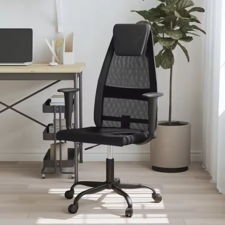 vidaXL Silla de oficina altura ajustable tela malla y cuero PE negro - 1
