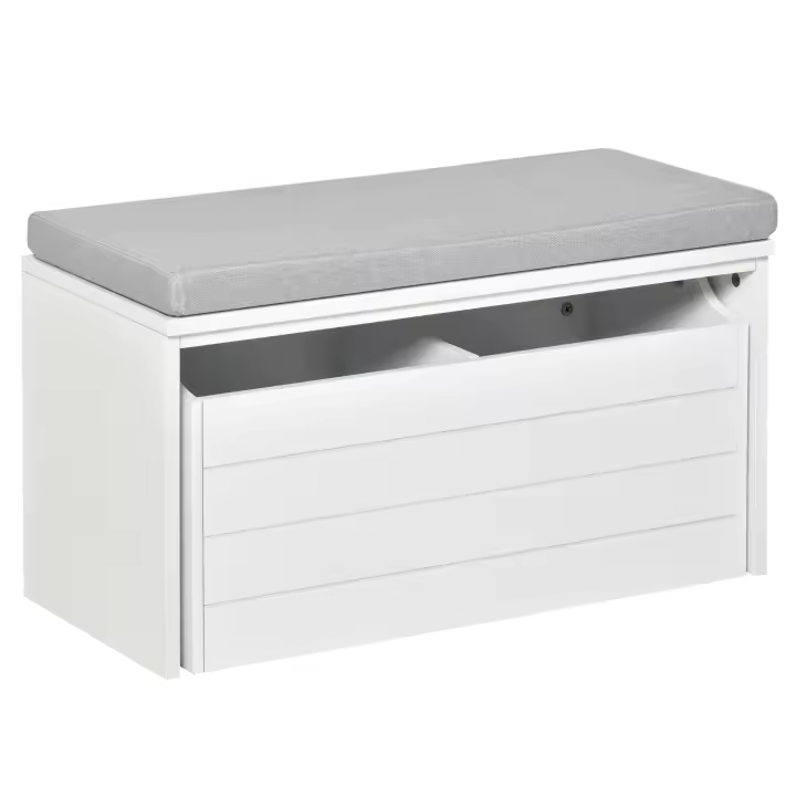HOMCOM Banco de Almacenaje con Cojín Gris - Zapatero - Banco de Zapatos con Cajón Grande de Doble Compartimento - MDF Blanco - 1