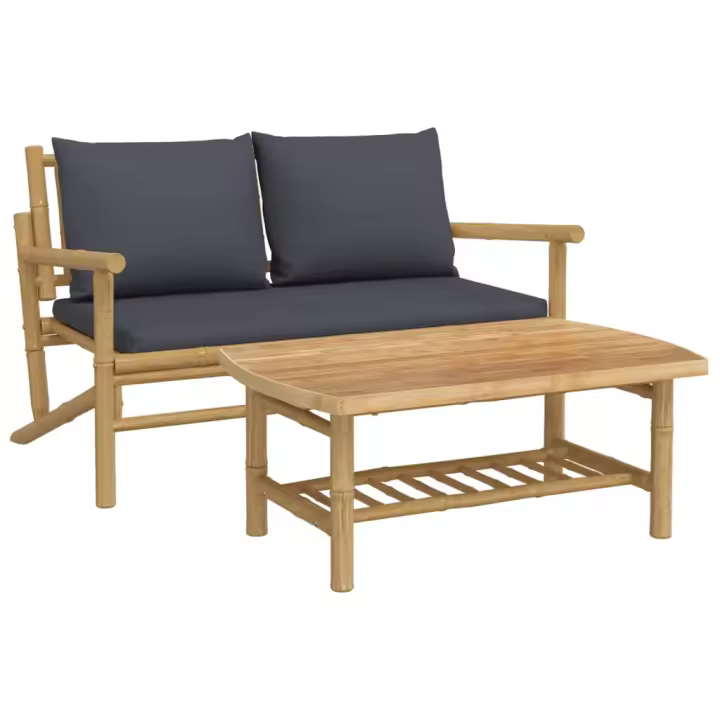vidaXL Set de muebles de jardín 2 piezas bambú con cojines Crema, Gris oscuro, Conjunto Terraza Muebles Jardín Exterior Juego de Muebles de jardín Mueble Jardín Exterior Muebles de Salon Exterior - 1