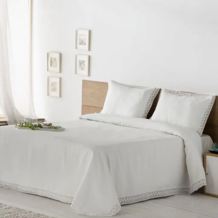 Don Algodon Colcha Don Algodón KAIA BLANCO para Cama - Diseño en Drapeado y Puntilla de Algodón - 1