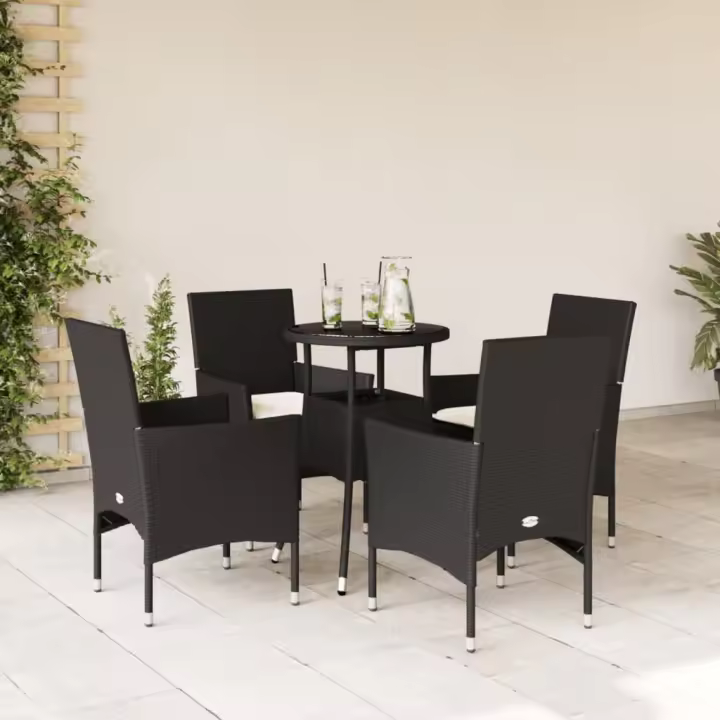 vidaXL Set comedor jardín 5 pzas cojines ratán sintético vidrio negro - 1