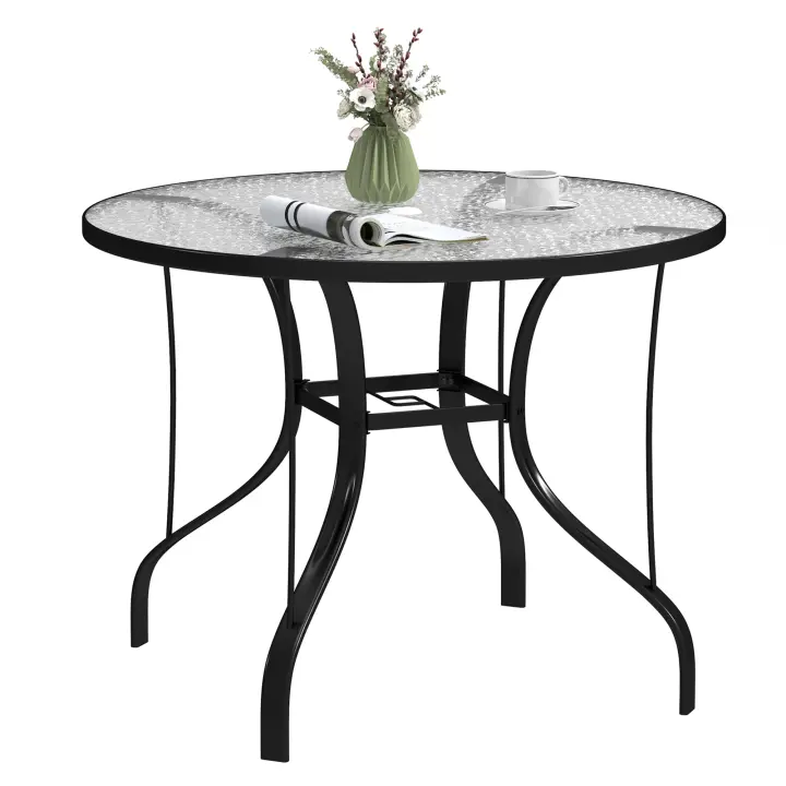 Outsunny Mesa de Jardín Exterior con Orificio para Sombrilla Mesa de Comedor Exterior con Encimera de Vidrio y Estructura Metálica para Patio Terraza Ø96,5x71 cm Negro - 1