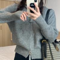 Chaqueta De Punto Corta Con Capucha Y Cremallera Estilo Minimalista Para Mujer Suave Estiramiento Ajustada Para Otoño - details 2