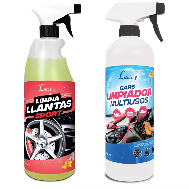 LUCCY Kit Limpieza Coche  Limpia Llantas + Limpiador Interior y Exterior del Vehículo  Salpicadero, Tapicería, Cuero, Vinilo, Gomas, Plásticos, Mosquitos  Protector Hidratante (2 x 1 Litro) - 1