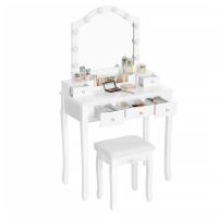 Tocador con luz led, mesa de maquillaje, taburete acolchado, 10 luces, organizador extraíble, 5 cajones, idea de regalo para dormitorio, color blanco - details 1