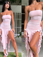 Vestido De Verano Para Mujer Kliou Alto Rodilla Estilo Callejero Fibra Láctea Sin Mangas Cuello Sin Hombros Cintura Natural Silueta Ajustada - details 23
