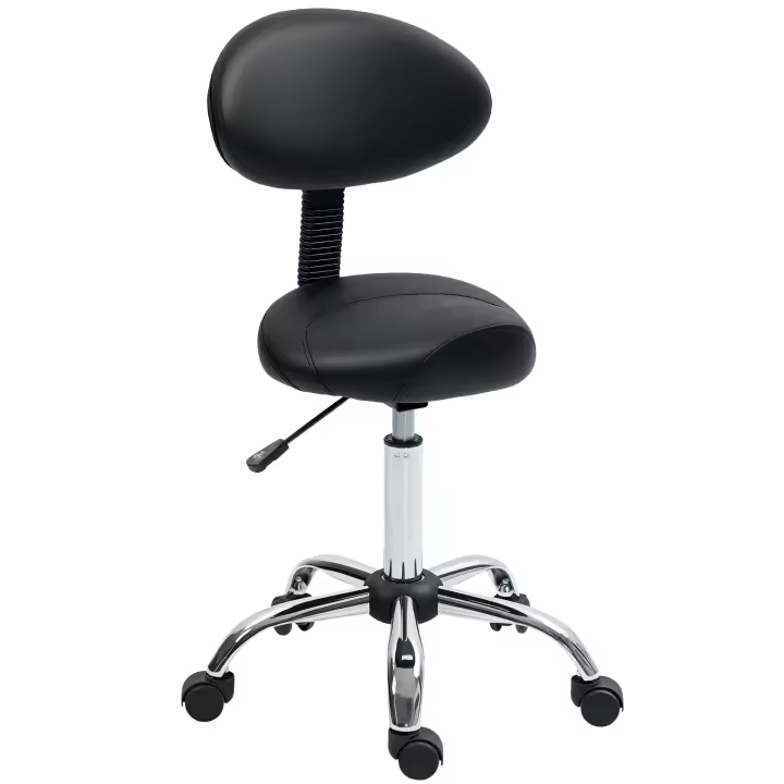HOMCOM Taburete Giratorio Taburete con Ruedas y Respaldo Extraíble Taburete de Trabajo con Altura Regulable 83-98 cm Asiento Tapizado de Cuero Sintético Negro - 1