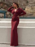 Vestido Maxi Elegante Kliou Para Mujer Con Cuello V Simple Sólido Calle Alta Pliegues Plegados Completo Manga Larga Bodycon Clásico Fiesta - details 10