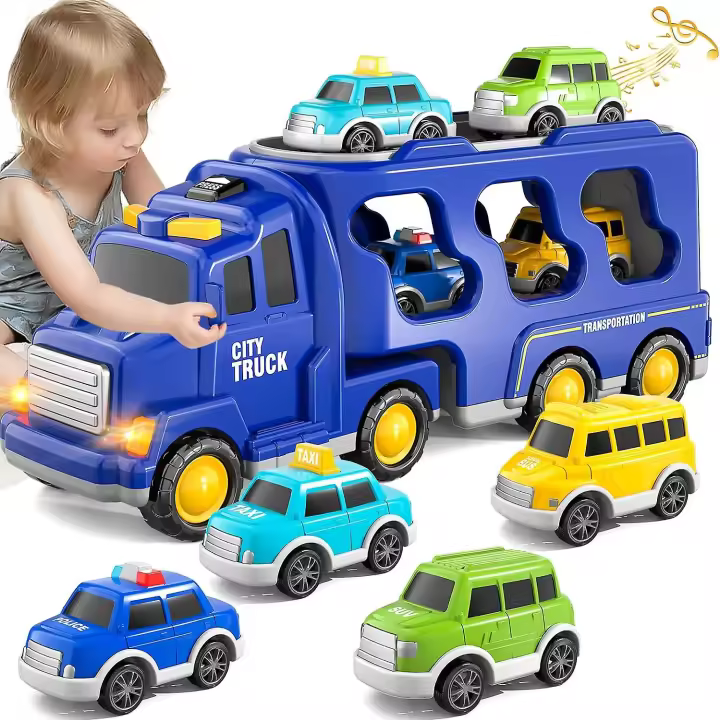 Camión de juguete 7 en 1 con motor de fricción, camión de bomberos, camión de construcción, camión de policía, regalo de cumpleaños para niños - 1