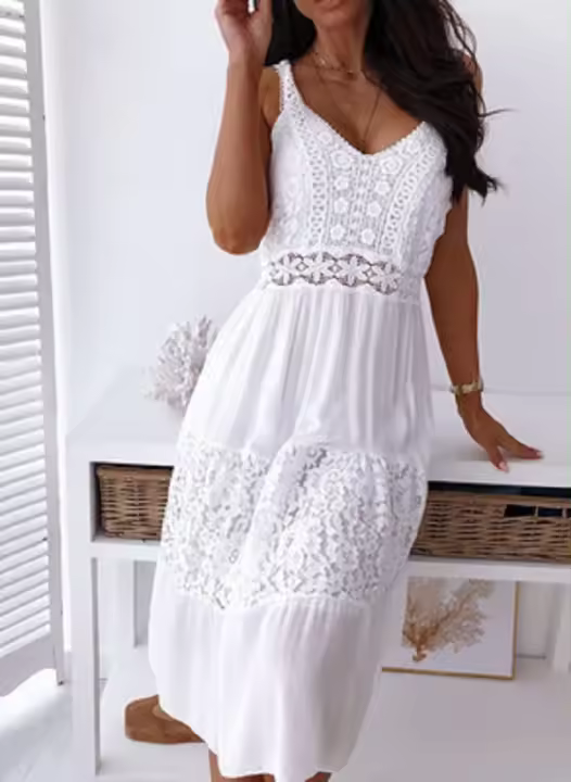 Vestido De Mujer Otoño/Invierno Estilo Playa Sin Mangas Algodón V-Neck Recto Verano Sólido De Talla Larga - 1