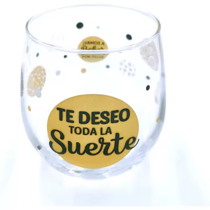 Vaso de vidrio con la frase "Te Deseo toda la Suerte" y elementos decorativos - 1