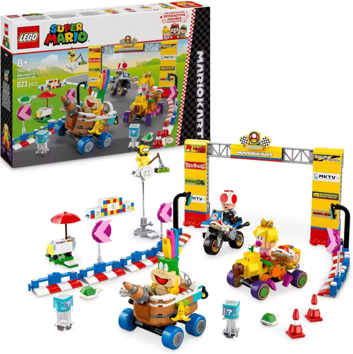 LEGO Super Mario: Mario Kart: Set Bebé Peach y Grand Prix, Pista de Carreras y Figuras (Toad, Lakitu, Bebé Peach y Lemmy), Moto de Juguete, Regalo de Nintendo para Niños y Niñas de 8 Años o Más (72036) - 1