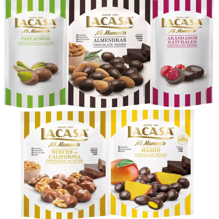 Lacasa Mi Momento pack de 5:Arándano choco Negro 60G,Pistacho Leche 50G,Nueces Leche 115G,Almendra choco Negro 125G,Mango choco Negro 115G - 1