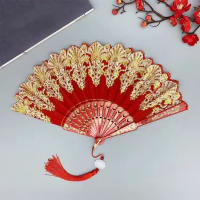Abanico Plegable Antiguo Chino Para Mujer En Plástico Decoración Japonesa Para El Hogar Negro Rojo Boda Fiesta Danza - details 1