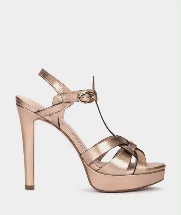 Pedro Miralles Sandalias de tacón de piel metalizada en color oro rosa modelo COPENHAGUE en tonos Metalizados. Hecho a mano en España. - 1