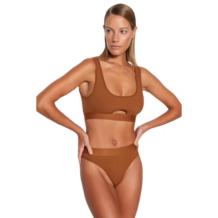 Trendyol Brown Ribbed Window/Cut Out Wire-Free Cupless Knitted Underwear Set Thmss23Cc00110 - 1