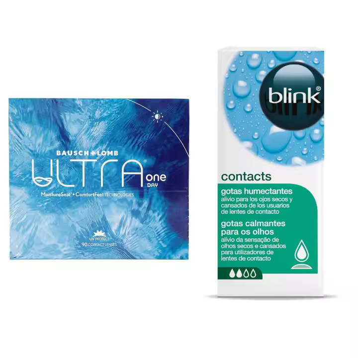 ULTRA ONE DAY Lentes de Contacto Diarias – 90 Unidades + Blink Contacts Gotas Oculares 10 ml  Advanced MoistureSeal  Tecnología ConfortFeel  Confort e Hidratación Avanzada  Alivio para Ojos Secos e Irritados  Hidratación y Refresco Inmediato - 1