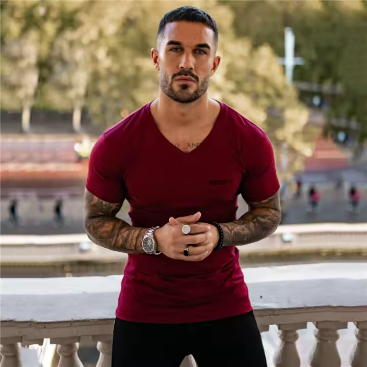 New Men Slim V-neck Print Short Sleeve T-shirt Outdoor Fitness Casual Hip Hop Fashion Summer Cotton T Shirt Workout Muscle Tops - 1