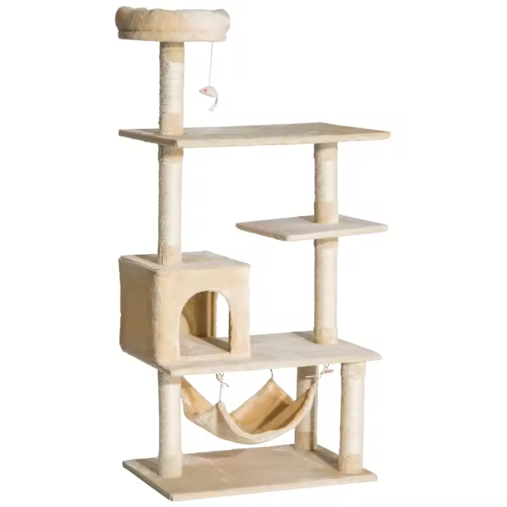 PawHut Árbol Rascador para Gatos Grande 70x40x152 cm con Múltiples Plataformas Juguete Colgante Cueva Espaciosa Hamaca Suave Postes Rascadores para Gatos Dormir y Jugar Beige - 1