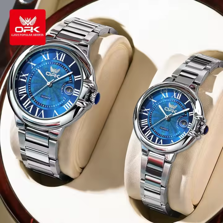 Reloj De Pareja Elegante OPK 6039 Movimiento De Cuarzo De Alta Calidad Material De Acero Inoxidable Resistente Al Agua Con Lujo Dial Romano - 1