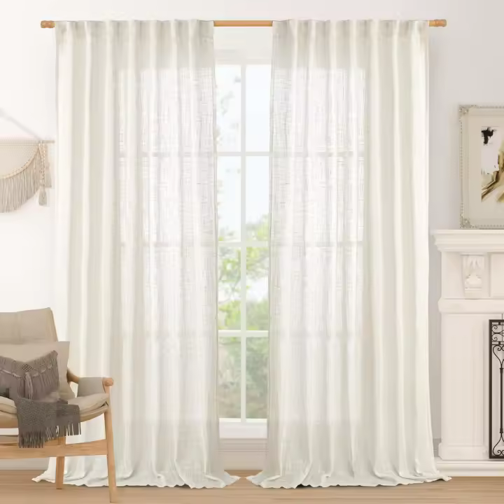 Extra Wide Linen Curtains for Bedroom, Cream Light Filtering Faux Linen Textured Panels Semi Sheer Back Tab and Rod Pocket Boho Drapes for Living Room, 2 Panels, 60 x 84 Inch - 1