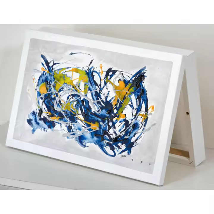 Cuadroexpres - Tapa de Contador Pintada a Mano, Abstracta en Azul y Amarillo, Medidas 37x22x4 cm (41x26x6 medida exterior) Con tornillos y tacos para colocar en la pared. Moderna, 100% Original, Muy Decorativa. Firmada por el Artista, Fabricada en España - 1