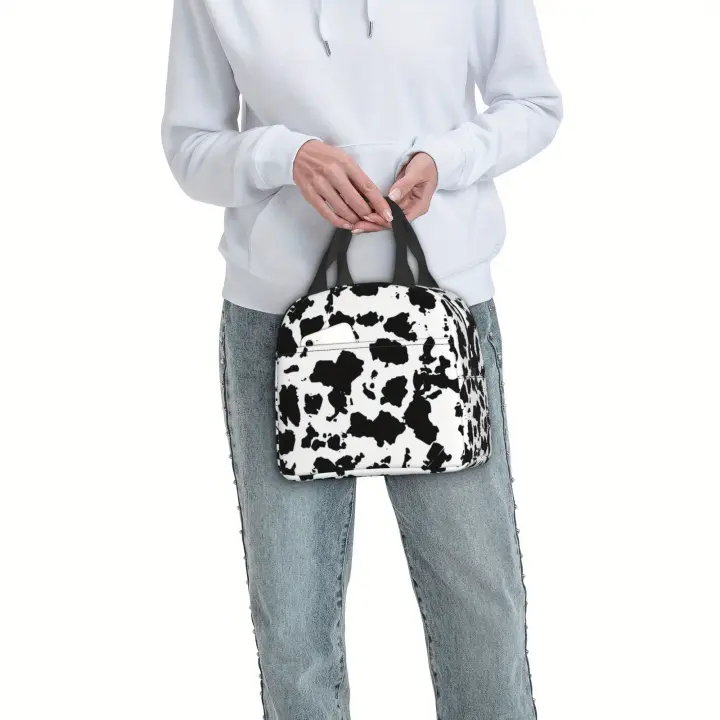 Bolsa De Almuerzo a Prueba De Calor Con Estampado De Vaca Reutilizable Para Camping Picnics Y Salidas a La Playa Diseño Negro Y Blanco Oxford Resistente - 1