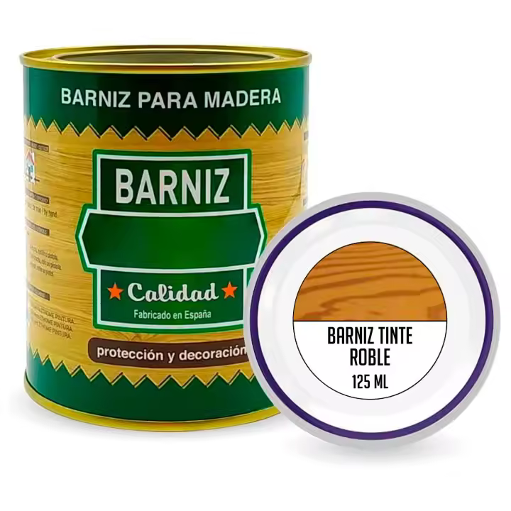 Tradineur - Bote de Barniz Brillo para Madera - Fabricado en España - Ideal para todo tipo de Maderas, vigas, cerchas, marcos, etc. - Capacidad de 125 ML - Roble - 1