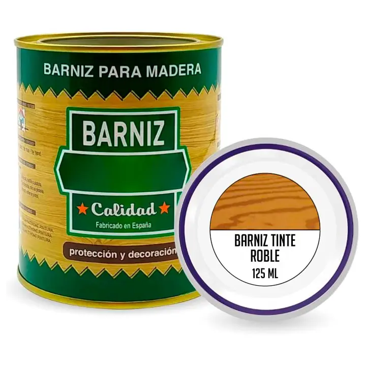 Tradineur - Bote de Barniz Brillo para Madera - Fabricado en España - Ideal para todo tipo de Maderas, vigas, cerchas, marcos, etc. - Capacidad de 125 ML - Roble - 1