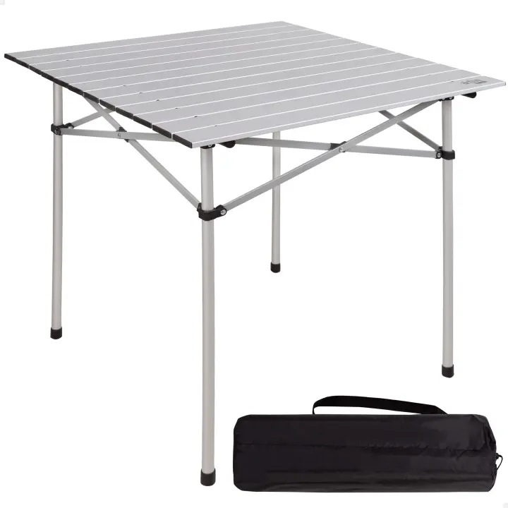 Aktive - Mesa plegable camping, color gris, 70x70x70 cm, uso exterior, patas plegables, tablero desmontable, máx. 30 kg, estructura y tablero de aluminio, topes antideslizantes, plegado acordeón, mesa portátil, resistente y duradera, incluye bolsa con asa - 1