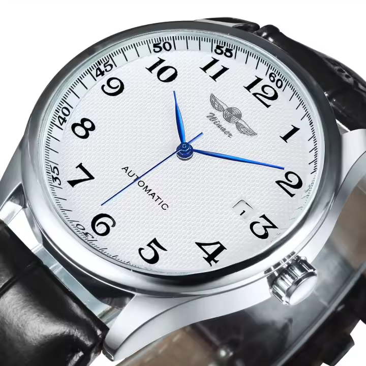 Reloj De Pulsera Métrico Para Hombres Winner Clásico Retro Con Calendario Manos Azules Y Correa De Cuero Acero Inoxidable Automático - 1