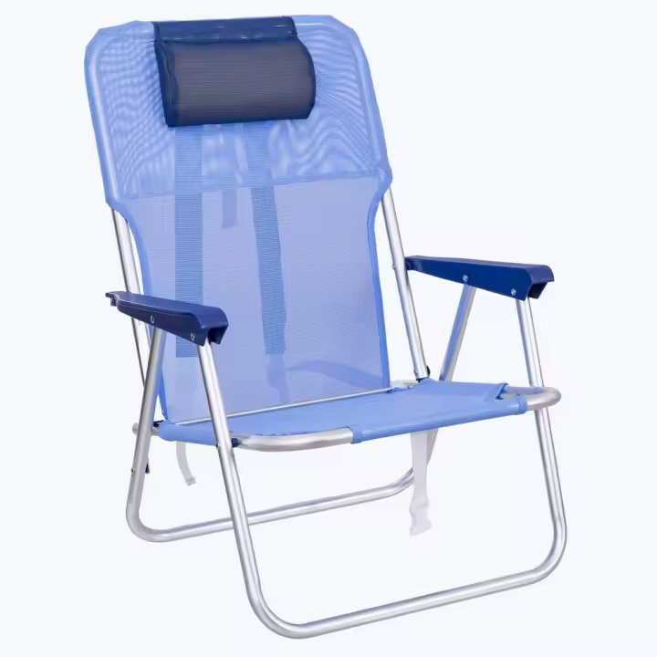Silla playa camping mochila Junior, plegable de aluminio y textileno azul, silla fija de 55x40x71 cm, con cojín cervical azul oscuro, correas acolchadas y ajustables LOLAhome - 1