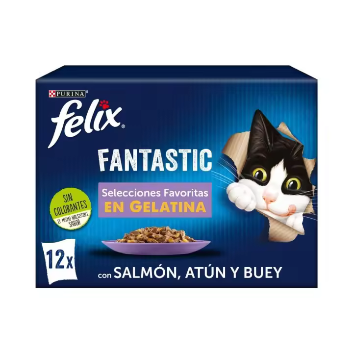 FELIX Fantastic Selecciones Favoritas en Gelatina - Alimento Húmedo Completo para Gatos Adultos (Buey, Salmón, Pollo y Atún) - 1