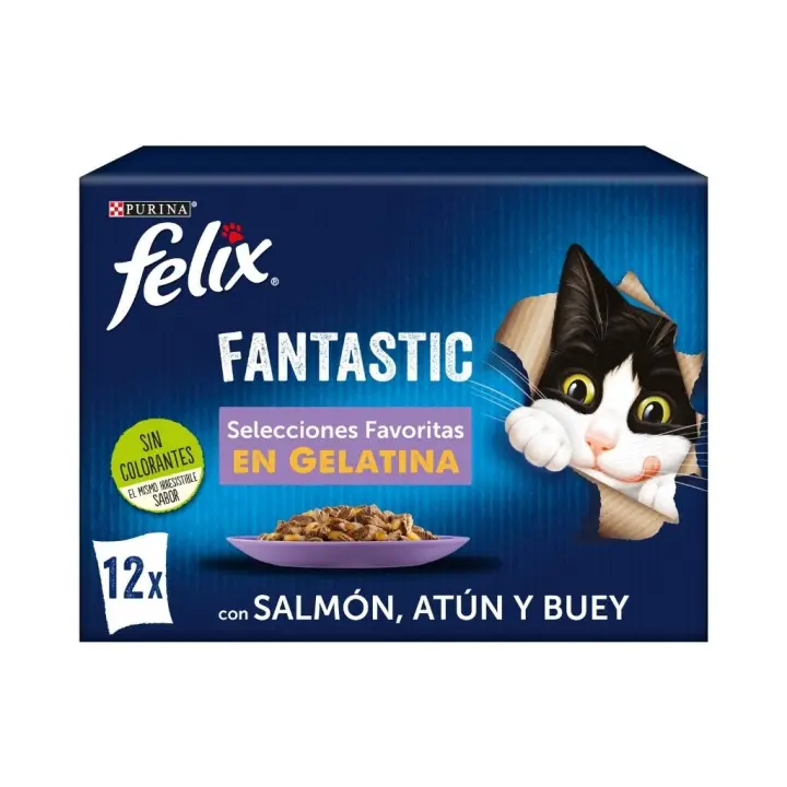 FELIX Fantastic Selecciones Favoritas en Gelatina - Alimento Húmedo Completo para Gatos Adultos (Buey, Salmón, Pollo y Atún) - 1