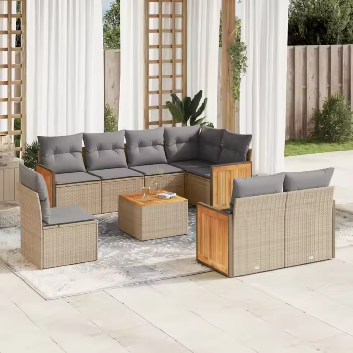 vidaXL Set de sofás de jardín 9 pzas con cojines ratán sintético beige - 1