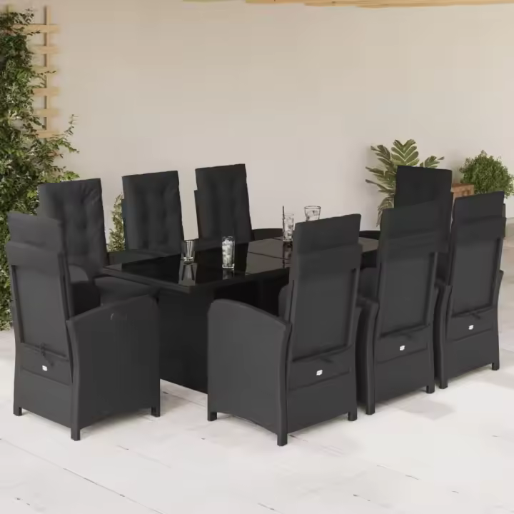 vidaXL Set de comedor de jardín 9 pzas y cojines ratán sintético negro - 1