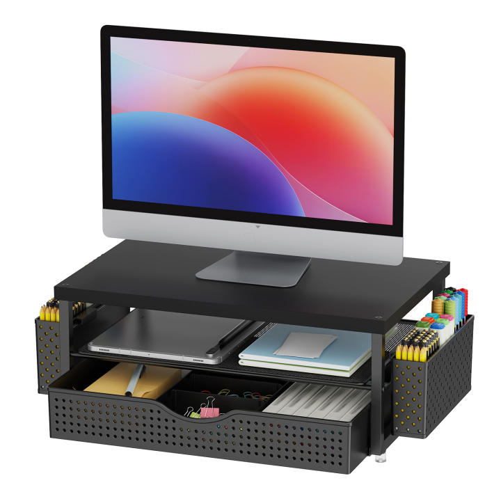 Soporte De Monitor De 2 Niveles Con Cajón Y 2 Porta Bolígrafos Estación De Trabajo Para Suministros De Escritorio