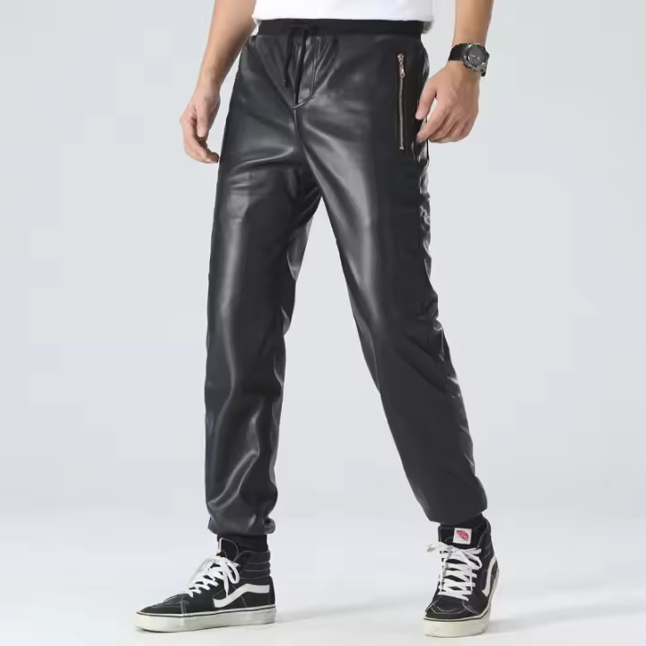 Pantalones De Cuero Para Hombre De Calidad Superior Con Cintura Elástica Pantalones De Motociclista PU Para Bikers - 1