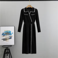Vestido De Punto Para Mujer Estilo Elegante Cuello Volteado Largo De Manga Acampanado Ajustado Silueta A-Line Midi Cierre De Botón - details 3