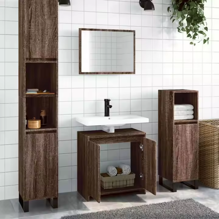vidaXL Set de muebles baño 2 pzas madera contrachapada en color Marrón roble/Madera antigua/Gris hormigón y más | almacenamiento funcional diseño moderno para baño dormitorio sala - 1
