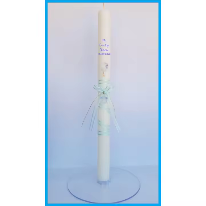 VELA (CIRIO) PARA BAUTIZO PERSONALIZADA NIÑA/NIÑO MEDIDA 3 x 40 CM Decorada con mini chupete de plástico y cintas ribete rosa. (PERSONALIZADA) AÑADIR TEXTO EN (Chatear con la tienda) - 1