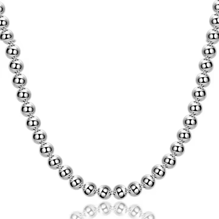 925 Sterling Silver Smooth 6MM Beads Chain Necklace for Women Men's Jewelry - 1