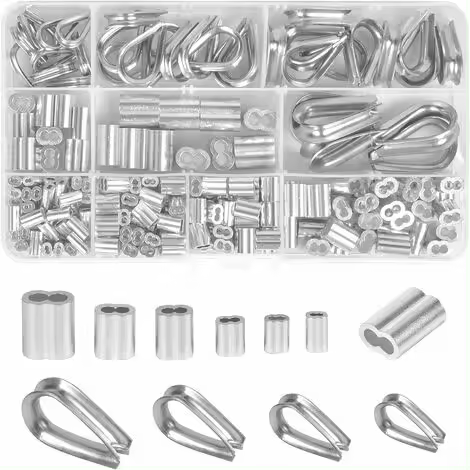 Kit de 225 terminales de cable de acero inoxidable M1.2-M5 y manguitos de engarce con clips de aluminio, manguito de bucle de engarce para aparejos de terminales de cable de acero - 1